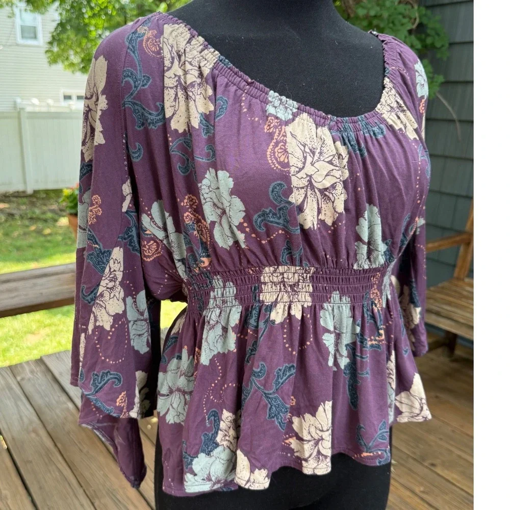 Free People Purple Floral Smocked Waist Open Back Kimono Sleeve Blouse XS